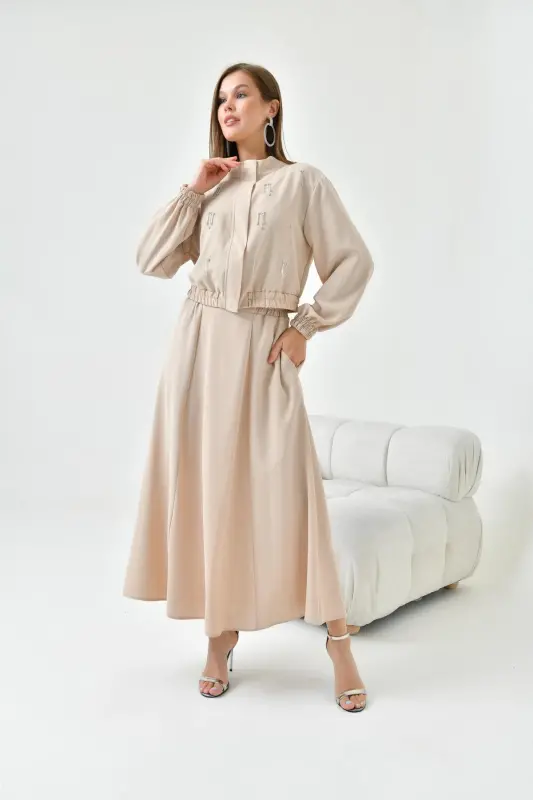 Women's Sequined Crepe Skirt Suit Beige 30839 - 5