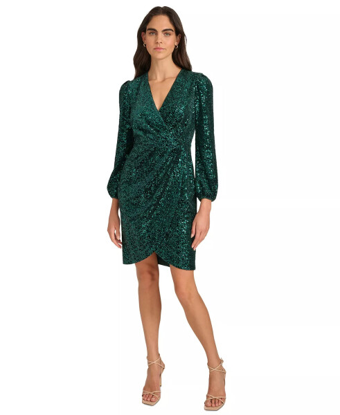 Women's Sequined Faux-Wrap Sheath Dress Green - 1