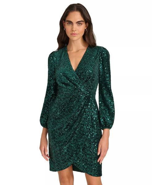 Women's Sequined Faux-Wrap Sheath Dress Green - 3