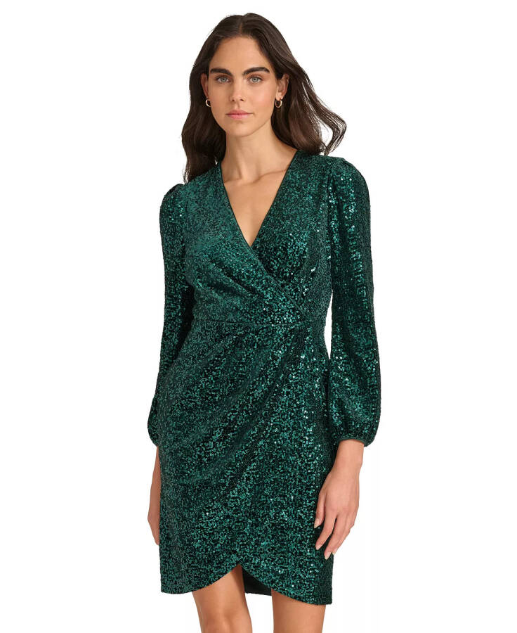 Women's Sequined Faux-Wrap Sheath Dress Green - 5