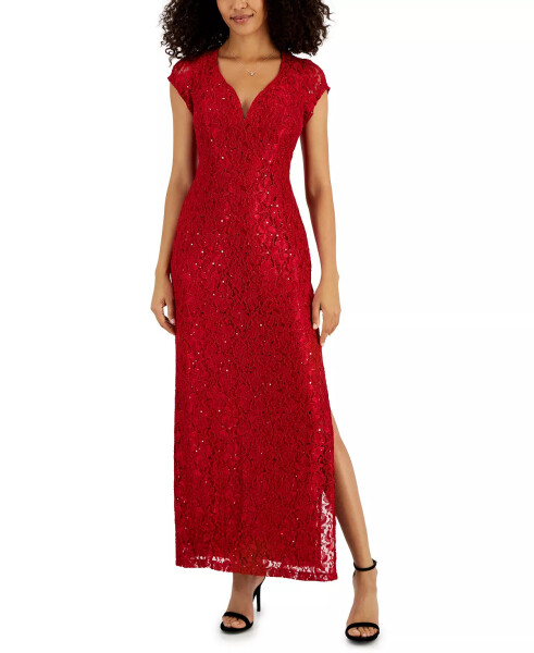 Women's Sequined-Lace Maxi Dress Red - 1