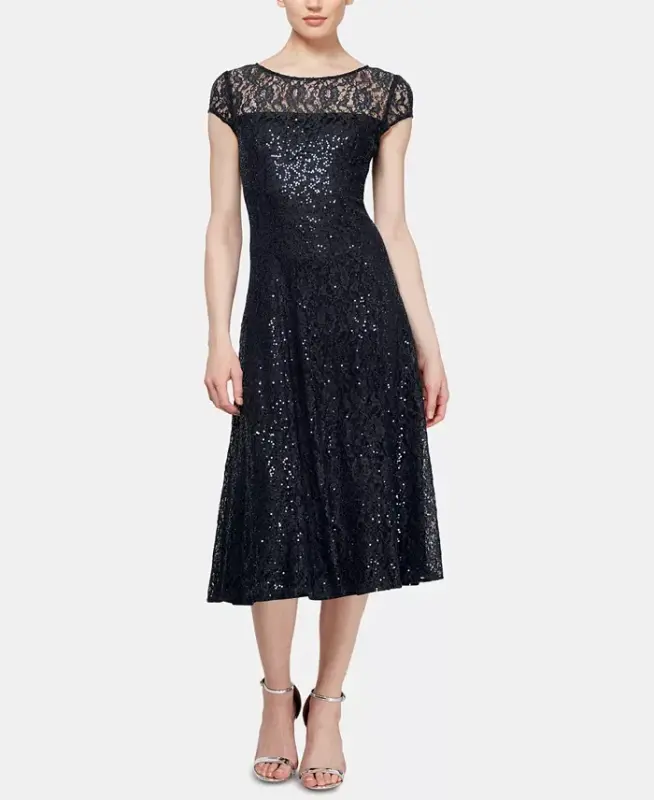 Women's Sequined Lace Midi Dresses - Black - 1