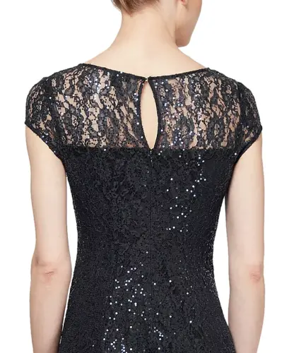 Women's Sequined Lace Midi Dresses - Black - 3