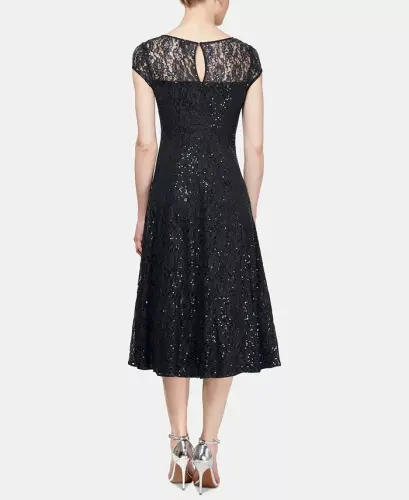 Women's Sequined Lace Midi Dresses - Black - 4
