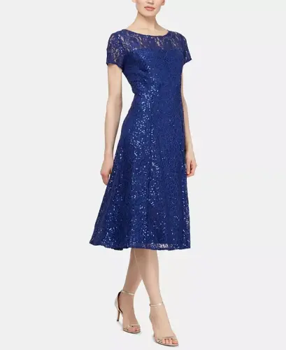 Women's Sequined Lace Midi Dresses - Iris Blue - 1