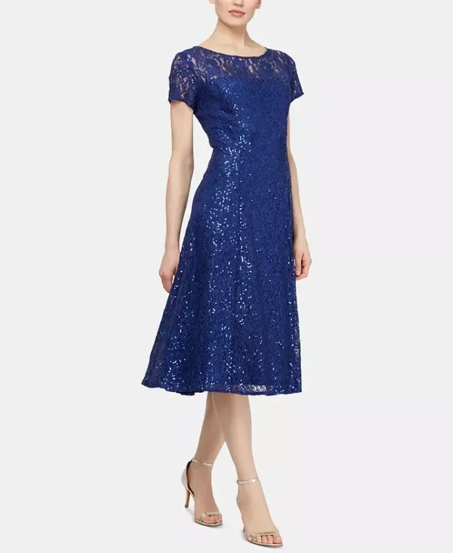 Women's Sequined Lace Midi Dresses - Iris Blue - 1