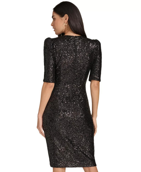 Women's Sequined Ruched Puff-Shoulder V-Neck Dress Black - 5