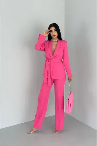 Women's Shawl Collar Blazer Jacket with Belted Faux Pockets & Slim Fit Elastic Waist Pants Suit-Pink - 1