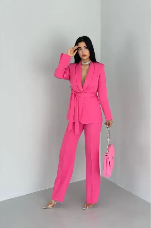 Women's Shawl Collar Blazer Jacket with Belted Faux Pockets & Slim Fit Elastic Waist Pants Suit-Pink - BELLA BREEZE