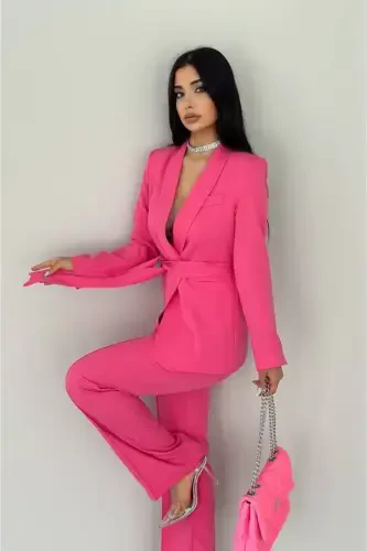 Women's Shawl Collar Blazer Jacket with Belted Faux Pockets & Slim Fit Elastic Waist Pants Suit-Pink - 2