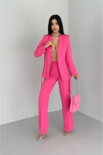 Women's Shawl Collar Blazer Jacket with Belted Faux Pockets & Slim Fit Elastic Waist Pants Suit-Pink - 4