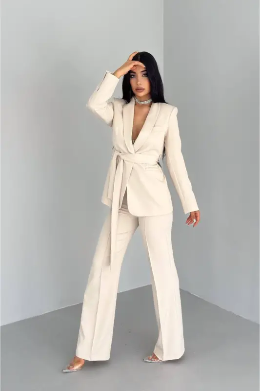 Women's Shawl Collar Blazer Jacket with Belted Faux Pockets & Slim Fit Stretch Pants Suit-Beige - 1