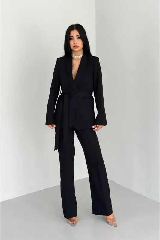 Women's Shawl Collar Blazer Jacket with Belted Faux Pockets & Slim Fit Stretch Pants Suit-Black - 1