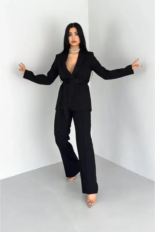 Women's Shawl Collar Blazer Jacket with Belted Faux Pockets & Slim Fit Stretch Pants Suit-Black - 3