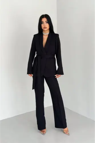 Women's Shawl Collar Blazer Jacket with Belted Faux Pockets & Slim Fit Stretch Pants Suit-Black - 2