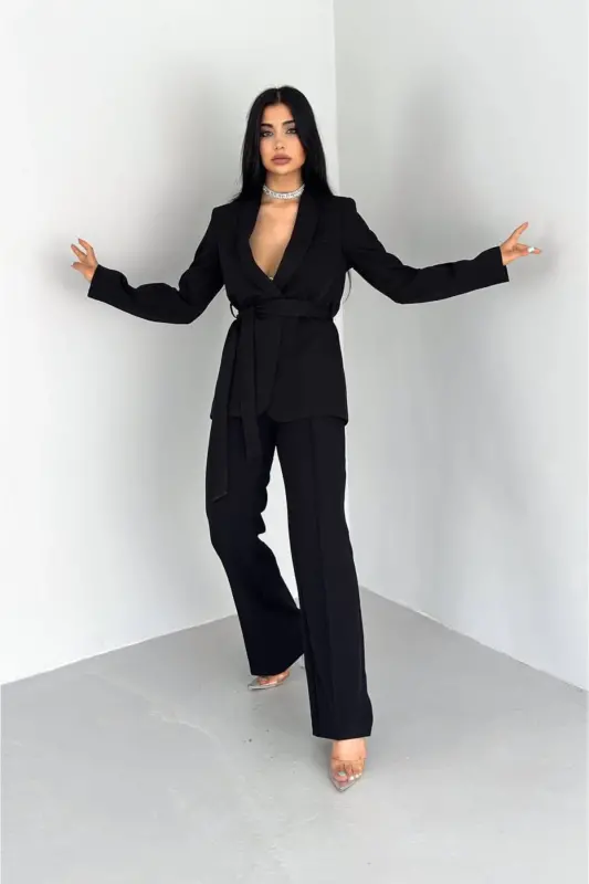 Women's Shawl Collar Blazer Jacket with Belted Faux Pockets & Slim Fit Stretch Pants Suit-Black - 4