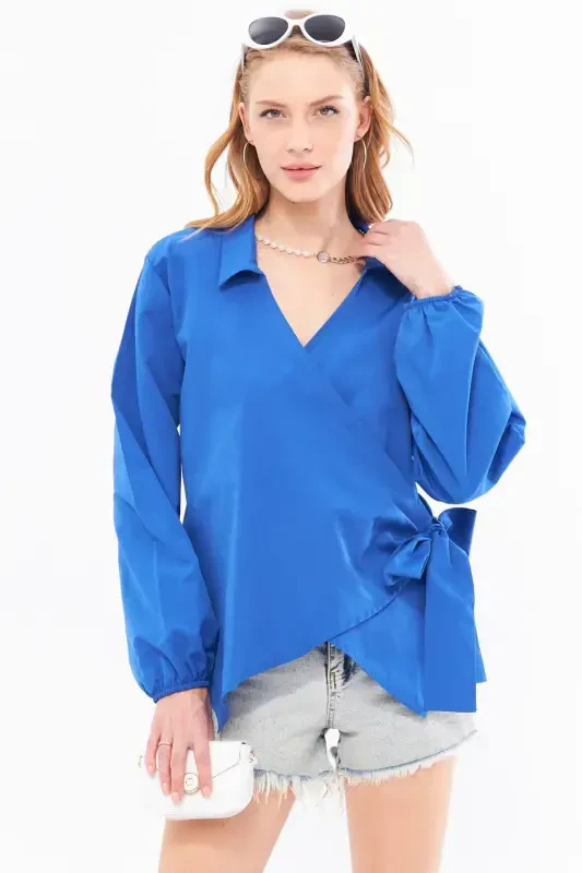 Women's Shawl Collar Crossover Blouse ARM-22Y024025-Sax - ARMONIKA