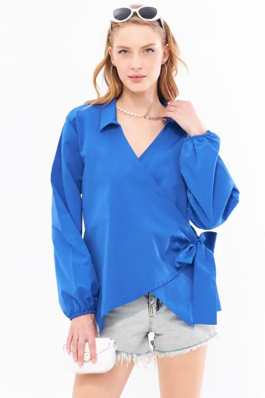 Women's Shawl Collar Crossover Blouse ARM-22Y024025-Sax - 1