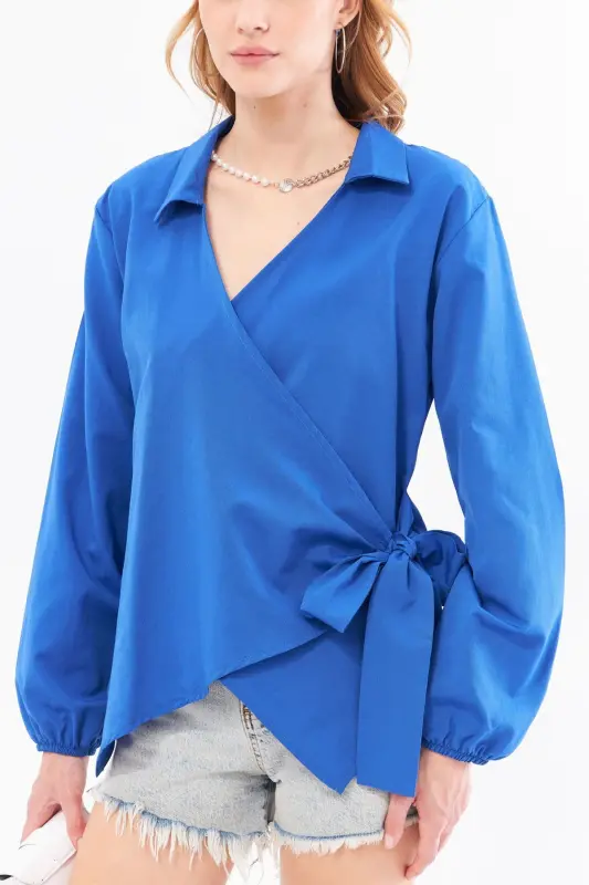 Women's Shawl Collar Crossover Blouse ARM-22Y024025-Sax - 2