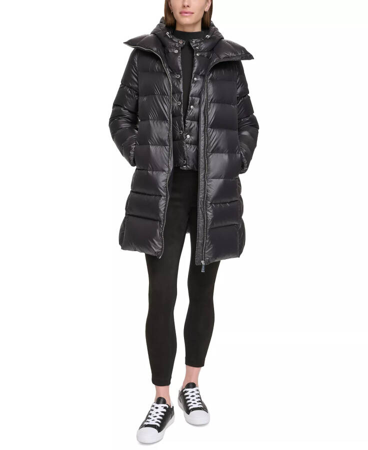 Women's Shine Bibbed Hooded Packable Puffer Coat, Created for Modazone Pearlized Black - 6