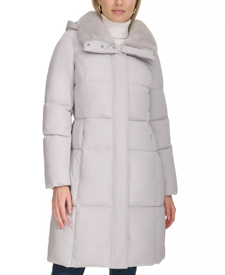 Women's Shine Faux-Fur-Collar Hooded Puffer Coat Grey - 1