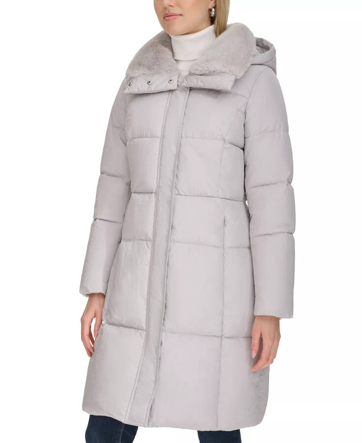 Women's Shine Faux-Fur-Collar Hooded Puffer Coat Grey - 3