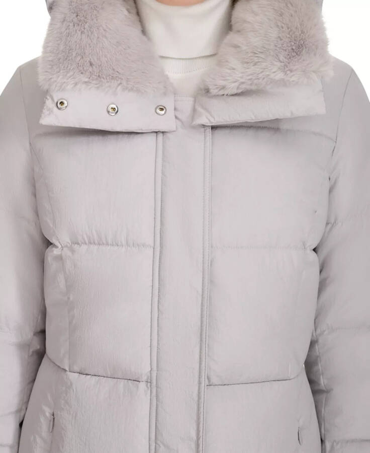 Women's Shine Faux-Fur-Collar Hooded Puffer Coat Grey - 4