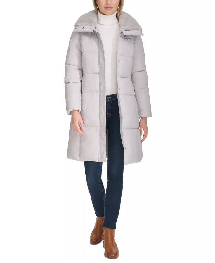 Women's Shine Faux-Fur-Collar Hooded Puffer Coat Grey - 6