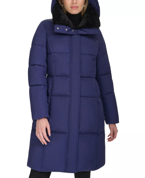 Women's Shine Faux-Fur-Collar Hooded Puffer Coat Navy - 1