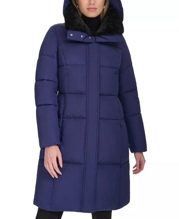 Women's Shine Faux-Fur-Collar Hooded Puffer Coat Navy - 1