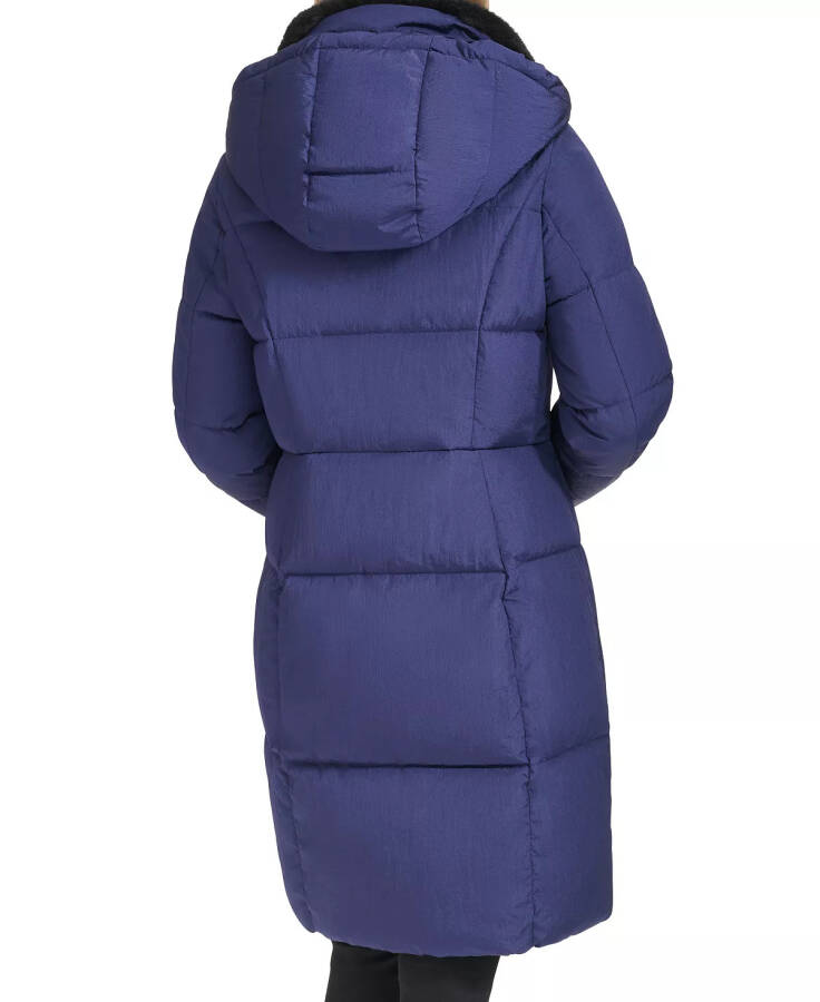 Women's Shine Faux-Fur-Collar Hooded Puffer Coat Navy - 3