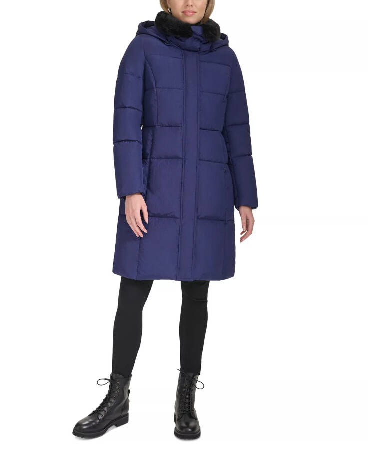 Women's Shine Faux-Fur-Collar Hooded Puffer Coat Navy - 4