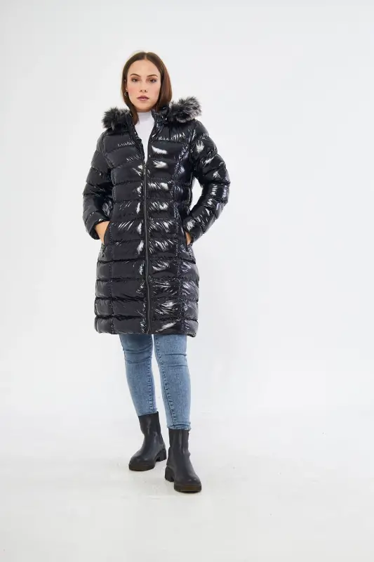 Women's Shiny Black Padded Long Coat Jacket Parka-Shiny Black - 1