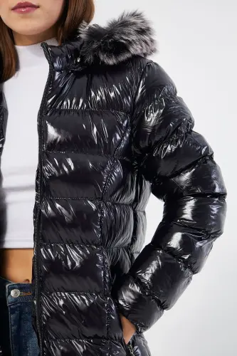 Women's Shiny Black Padded Long Coat Jacket Parka-Shiny Black - 2