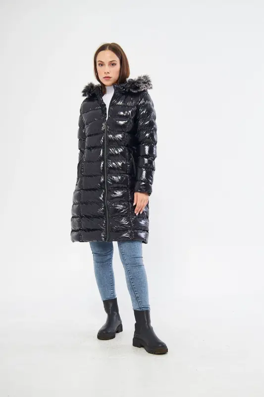 Women's Shiny Black Padded Long Coat Jacket Parka-Shiny Black - 3