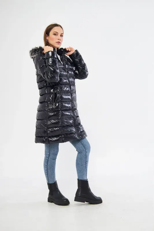 Women's Shiny Black Padded Long Coat Jacket Parka-Shiny Black - 4