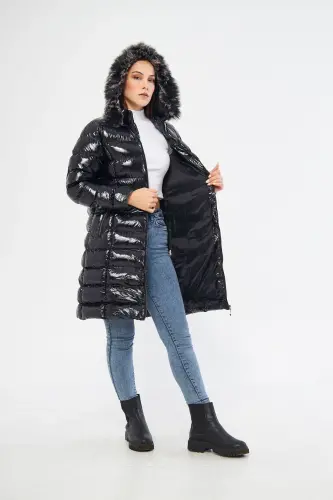 Women's Shiny Black Padded Long Coat Jacket Parka-Shiny Black - 5