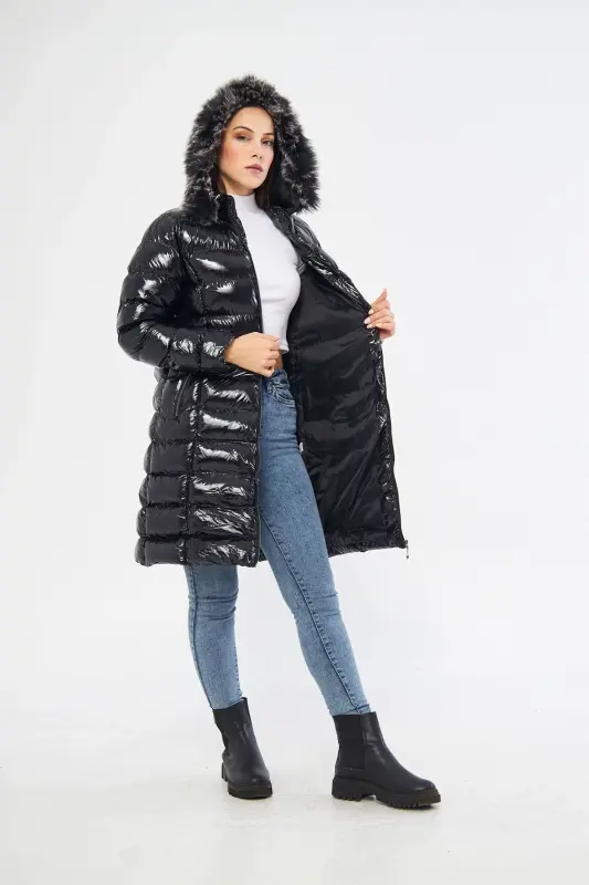Women's Shiny Black Padded Long Coat Jacket Parka-Shiny Black - 5