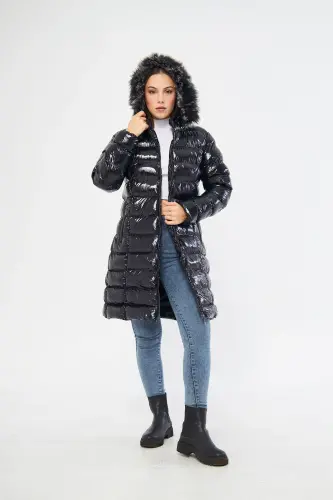 Women's Shiny Black Padded Long Coat Jacket Parka-Shiny Black - 6