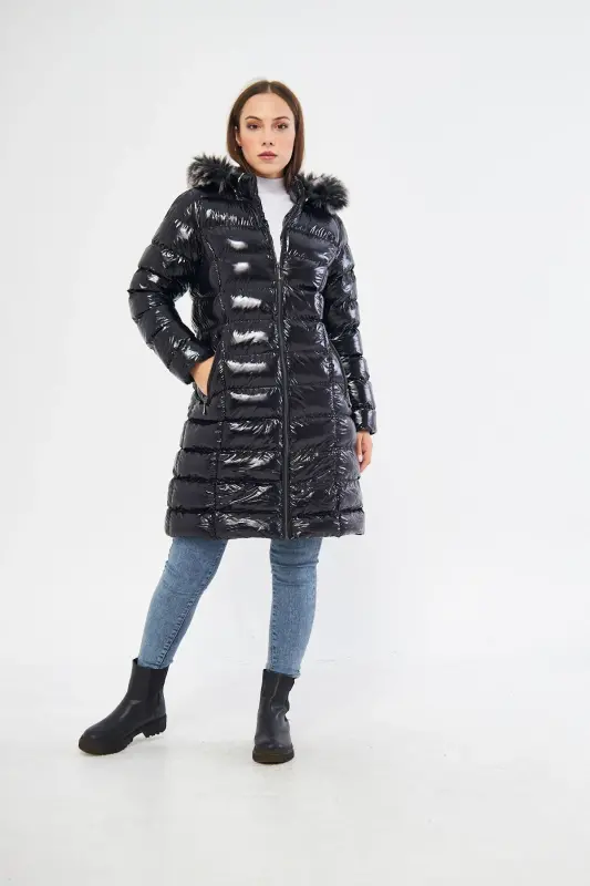 Women's Shiny Black Padded Long Coat Jacket Parka-Shiny Black - 7