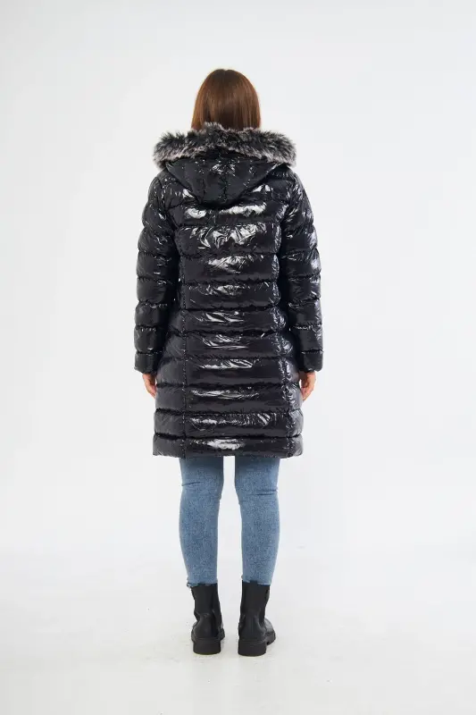 Women's Shiny Black Padded Long Coat Jacket Parka-Shiny Black - 8