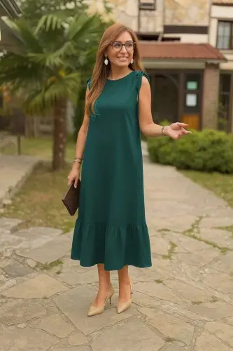 Women's Shirred Boat Neck Ruffle Crinkle Crepe Dress - 1