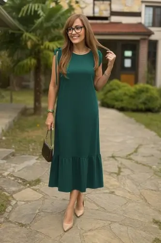 Women's Shirred Boat Neck Ruffle Crinkle Crepe Dress - BÜYÜKBEDENIZ (1)