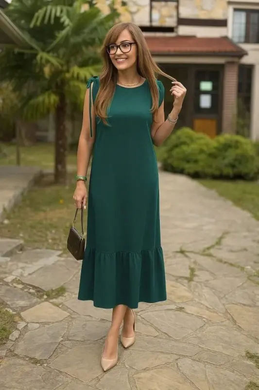 Women's Shirred Boat Neck Ruffle Crinkle Crepe Dress - 2