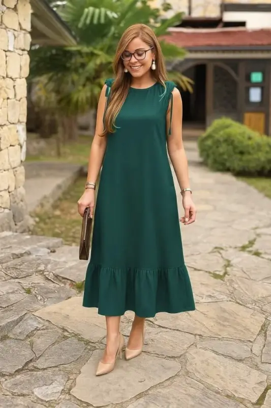 Women's Shirred Boat Neck Ruffle Crinkle Crepe Dress - 3