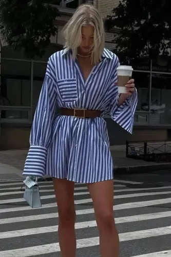 Women's Shirt Dress -striped Pattern - 1