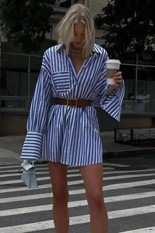 Women's Shirt Dress -striped Pattern - BÜYÜKBEDENIZ