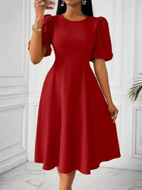 Women's Short Balloon Sleeve Crew Neck Flared Crinkle Crepe Dress - BÜYÜKBEDENIZ