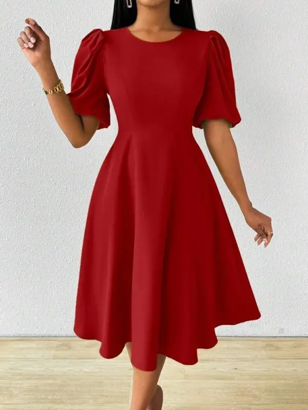 Women's Short Balloon Sleeve Crew Neck Flared Crinkle Crepe Dress - 3