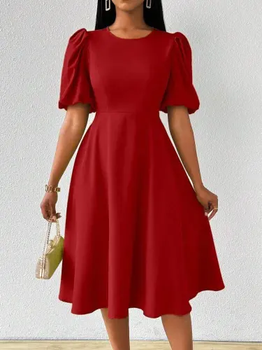 Women's Short Balloon Sleeve Crew Neck Flared Crinkle Crepe Dress - 4